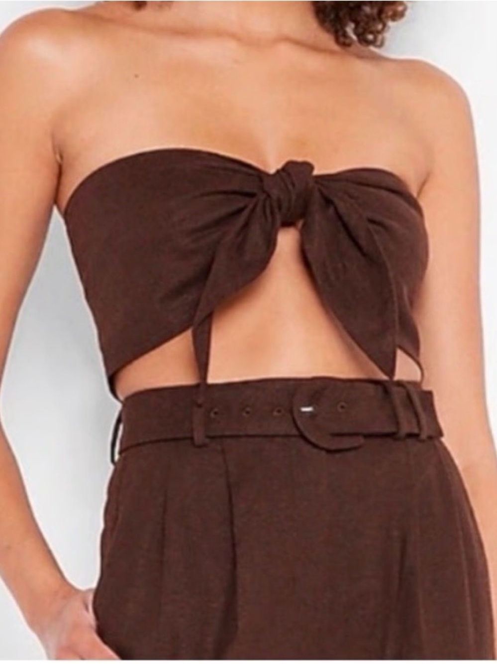 Express Linen-Blend Brown Tie-Front Bandeau